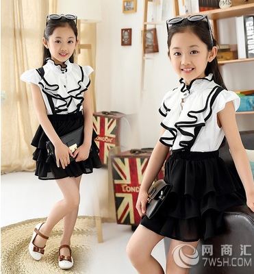 韩版时尚荷叶边裙 女中大童两件套背带裙
